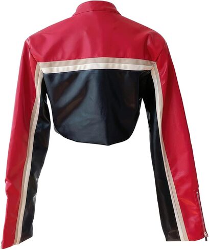 Genuine Sheepskin Leather Cropped Moto Rider Stripes Fashionable Casual Punk Black & Red Jacket for Women in Saudi Arabia