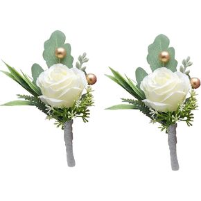 Jowxsx 2Pcs Roses Boutonniere for Men Wedding, Groom Groomsman Artificial White Rose Flowers with pins for Wedding Anniversary Celebration,Prom,Party,Home Decoration Artificial Flowers in Saudi Arabia