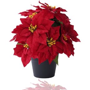 زهور البونسيتة الاصطناعية مقاس 16 بوصة للأماكن الخارجية نبات البونسيتة الأحمر الصناعي لعيد الميلاد 11 رأسًا من الزهور الشتوية لديكور الشرفة الأمامية والحديقة والفناء in Kuwait