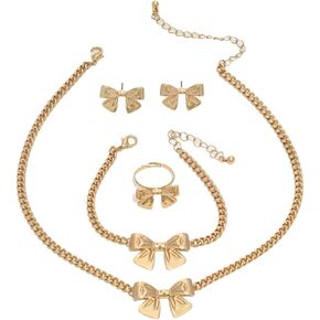 Gold Bow Earrings Necklace Ring Bracelet Set for Women Trendy Bowknot Jewelry Set Christmas Holiday Jewelry in Saudi Arabia