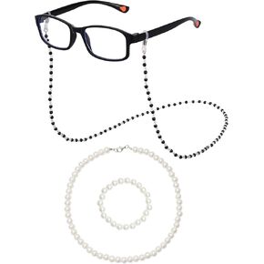 4 قطع من إكسسوارات زي السيدة العجوز للنساء يوم 100 من المدرسة زي السيدة العجوز زي الجدة مع نظارات عين القطة وقلادة من اللؤلؤ وسلسلة نظارات للارتداء في الحفلات التنكرية باللون الأسود in Kuwait