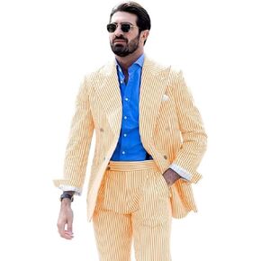 Men's Striped Seersucker Suits 2 Piece Slim Fit Wedding Tuxedo Summer Beach Leisure Suits Sets in Saudi Arabia