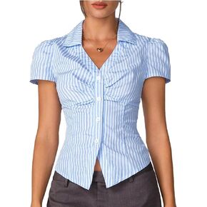 Womens Y2k Button Down Shirt Lapel V Neck Short Sleeve Blouse Striped Slim Fit Ruched Tops Split Front Tees Streetwear in Saudi Arabia