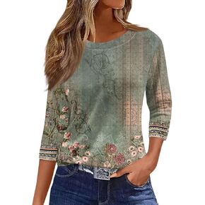 Womens Fashion Tops 3/4 Length Sleeve Casual Round Neck Print Shirts Loose Fit Blouses in Saudi Arabia