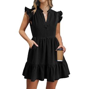 Denim Dress for Women Ruffle Short Sleeve V Neck Jean Mini Dress with Pockets in Kuwait