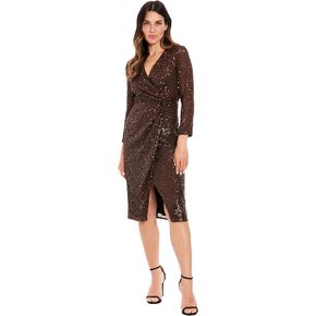 London Times - Sequin Wrap Dress 3/4 Sleeve V Neck Knee Length Cocktail Party Dresses - X-Large in Saudi Arabia