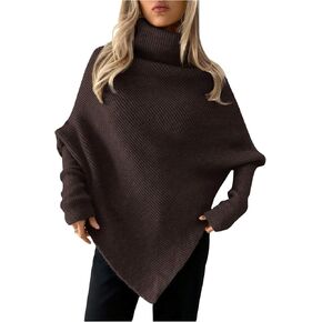 MakeMeChic Women's Turtleneck Cape Poncho Sweater Oversized Rib Knitted High Neck Long Sleeve Asymmetrical Tops in Saudi Arabia