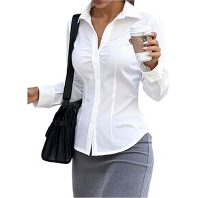 GORGLITTER Women's Ruched Fitted Blouse Long Sleeve Shirts Collared Slim Fit Business Work Casual Fall Fashion Tops in Saudi Arabia
