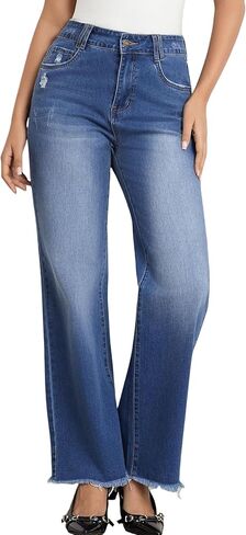 JK SUE JONES Wide Leg Jeans for Women Mid High Waist Straight Leg Boyfriend Mom Denim Pants Frayed Raw Hem in Saudi Arabia