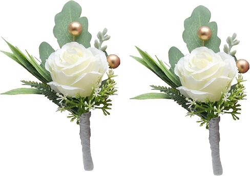 Jowxsx 2Pcs Roses Boutonniere for Men Wedding, Groom Groomsman Artificial White Rose Flowers with pins for Wedding Anniversary Celebration,Prom,Party,Home Decoration Artificial Flowers in Saudi Arabia