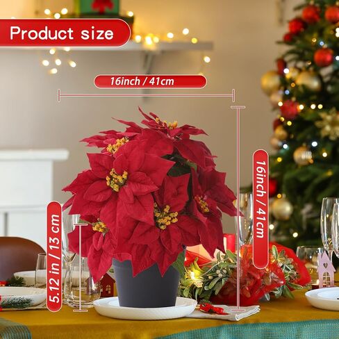 زهور البونسيتة الاصطناعية مقاس 16 بوصة للأماكن الخارجية نبات البونسيتة الأحمر الصناعي لعيد الميلاد 11 رأسًا من الزهور الشتوية لديكور الشرفة الأمامية والحديقة والفناء in Kuwait