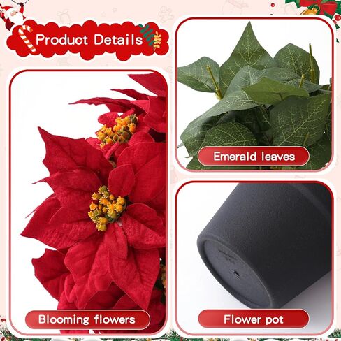 زهور البونسيتة الاصطناعية مقاس 16 بوصة للأماكن الخارجية نبات البونسيتة الأحمر الصناعي لعيد الميلاد 11 رأسًا من الزهور الشتوية لديكور الشرفة الأمامية والحديقة والفناء in Kuwait