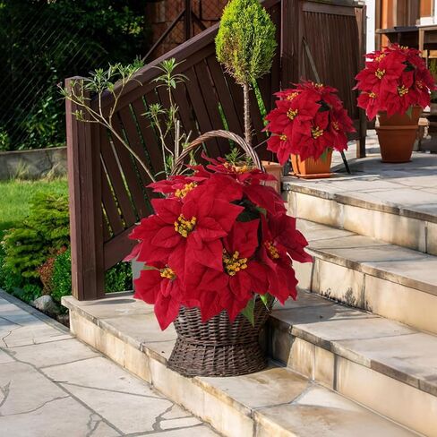 زهور البونسيتة الاصطناعية مقاس 16 بوصة للأماكن الخارجية نبات البونسيتة الأحمر الصناعي لعيد الميلاد 11 رأسًا من الزهور الشتوية لديكور الشرفة الأمامية والحديقة والفناء in Kuwait