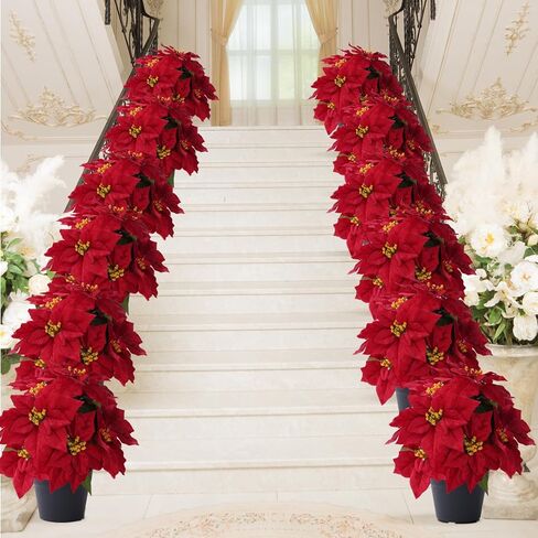 زهور البونسيتة الاصطناعية مقاس 16 بوصة للأماكن الخارجية نبات البونسيتة الأحمر الصناعي لعيد الميلاد 11 رأسًا من الزهور الشتوية لديكور الشرفة الأمامية والحديقة والفناء in Kuwait