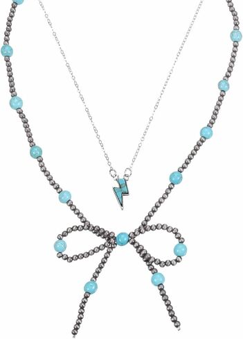 MECCANIXITY Stackable Turquoise Pearl Bow Necklace for Women with Turquoise Pendant for Western Boho Country Jewelry Accessories in Saudi Arabia