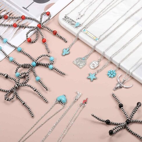 MECCANIXITY Stackable Turquoise Pearl Bow Necklace for Women with Turquoise Pendant for Western Boho Country Jewelry Accessories in Saudi Arabia