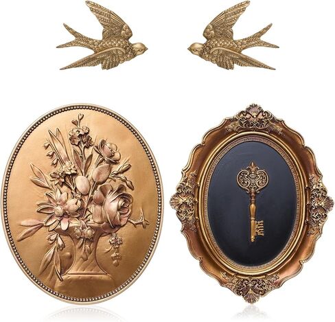 Kathfly 2 Pack Vintage Wall Sculptures Gold Flower Wall Art and Oval Embossed Intricate Key Decor Antique Statue Victorian Hanging Decor for Gallery Bedroom Living Room Valentine's Day Gift for Couple in Saudi Arabia