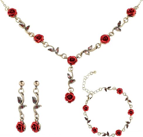 3 Pcs Red Rose Jewelry Set, Rose Flower Pendant Necklace, Dangle Earrings, Bracelet, Alloy Red Jewelry Sets for Women Wedding Party Gift in Saudi Arabia