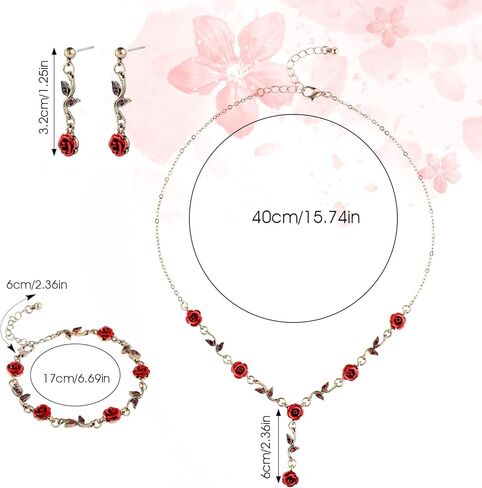 3 Pcs Red Rose Jewelry Set, Rose Flower Pendant Necklace, Dangle Earrings, Bracelet, Alloy Red Jewelry Sets for Women Wedding Party Gift in Saudi Arabia