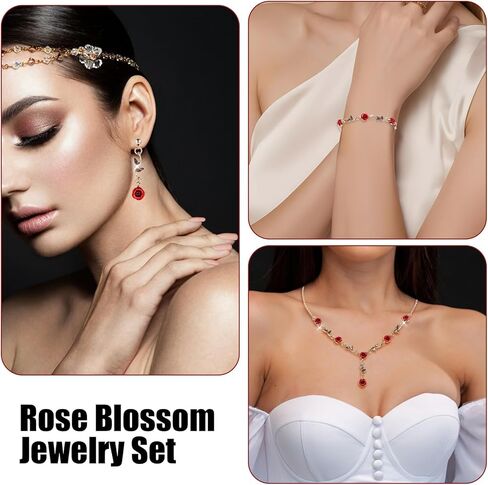 3 Pcs Red Rose Jewelry Set, Rose Flower Pendant Necklace, Dangle Earrings, Bracelet, Alloy Red Jewelry Sets for Women Wedding Party Gift in Saudi Arabia