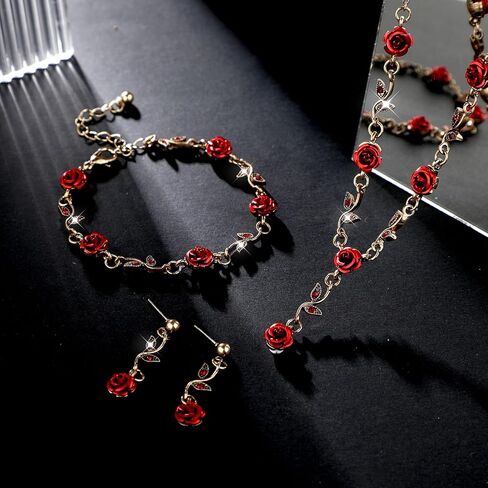3 Pcs Red Rose Jewelry Set, Rose Flower Pendant Necklace, Dangle Earrings, Bracelet, Alloy Red Jewelry Sets for Women Wedding Party Gift in Saudi Arabia