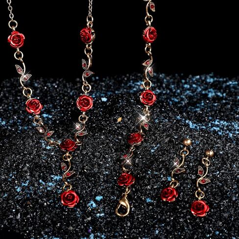 3 Pcs Red Rose Jewelry Set, Rose Flower Pendant Necklace, Dangle Earrings, Bracelet, Alloy Red Jewelry Sets for Women Wedding Party Gift in Saudi Arabia