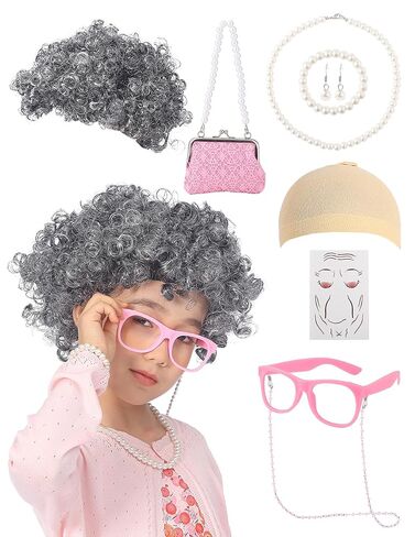 100 Days of School Costume for Girls Old Lady Costume for Kids Grandma Wig Glasses Chain Necklace Bracelet Grandma Dress up Cosplay Accessories Set (Pink) in Saudi Arabia