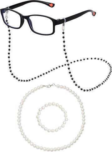 4Pcs Old Lady Costume Accessories for Women 100th Day of School Old Lady Costume Granny Costume with Cat Eye Glasses Pearl Necklace Bracelet Glasses Chain for Dress Up Costume Party Black in Kuwait