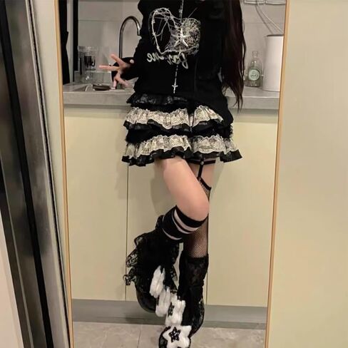 القوطية Harajuku عالية الخصر ألف خط التنانير الصغيرة Y2K خمر لطيف مطبوعة متعددة تكدرت الدانتيل المرقعة تنورة in Kuwait