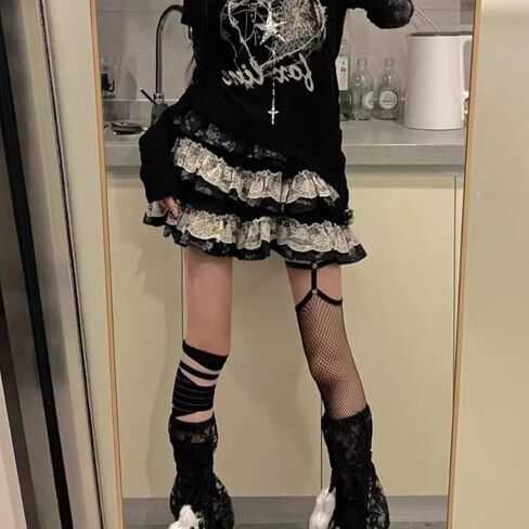 القوطية Harajuku عالية الخصر ألف خط التنانير الصغيرة Y2K خمر لطيف مطبوعة متعددة تكدرت الدانتيل المرقعة تنورة in Kuwait