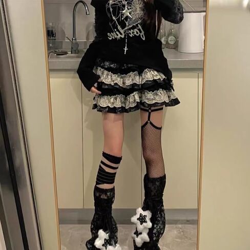القوطية Harajuku عالية الخصر ألف خط التنانير الصغيرة Y2K خمر لطيف مطبوعة متعددة تكدرت الدانتيل المرقعة تنورة in Kuwait