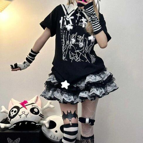 القوطية Harajuku عالية الخصر ألف خط التنانير الصغيرة Y2K خمر لطيف مطبوعة متعددة تكدرت الدانتيل المرقعة تنورة in Kuwait