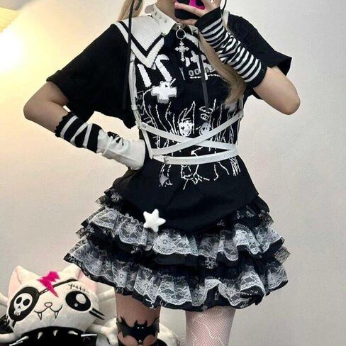 القوطية Harajuku عالية الخصر ألف خط التنانير الصغيرة Y2K خمر لطيف مطبوعة متعددة تكدرت الدانتيل المرقعة تنورة in Kuwait
