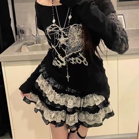 القوطية Harajuku عالية الخصر ألف خط التنانير الصغيرة Y2K خمر لطيف مطبوعة متعددة تكدرت الدانتيل المرقعة تنورة in Kuwait
