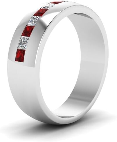 Created Square Cut Red Ruby Gemstone Channel Set 925 Sterling Silver 14K White Gold Over Diamond Men's Wedding Anniversary Band Ring for Men in Saudi Arabia