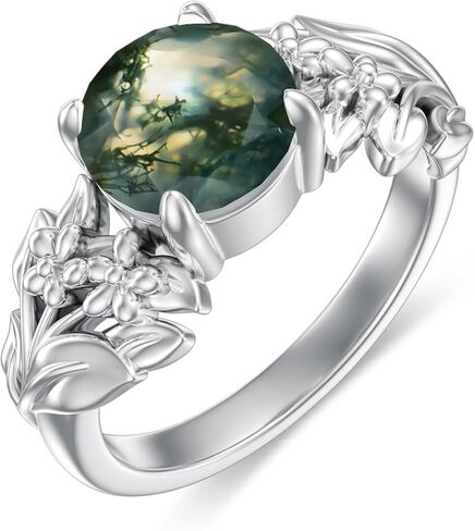 Natural Moss Agate Ring for Women 925 Sterling Silver Leaf Band Ring with Genuine Moss Agate Jewelry Gifts for Mom Wife in Kuwait