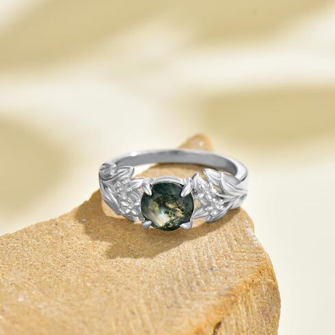 Natural Moss Agate Ring for Women 925 Sterling Silver Leaf Band Ring with Genuine Moss Agate Jewelry Gifts for Mom Wife in Kuwait