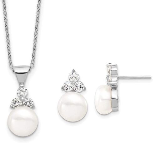 Real 925 Sterling Silver 9-10mm Coin Freshwater Cultured Pearl CZ Cubic Zirconia Earring and Necklace Set 17" in Saudi Arabia