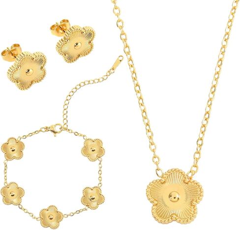 Hypoallergenic Women's Four Leaf Clover Jewelry Set 14K Gold-Plated Stainless Steel Clover Necklace Bracelet Earrings Fashionable And Exquisite Daily for Women Accessory Gift in Saudi Arabia