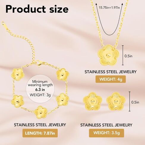 Hypoallergenic Women's Four Leaf Clover Jewelry Set 14K Gold-Plated Stainless Steel Clover Necklace Bracelet Earrings Fashionable And Exquisite Daily for Women Accessory Gift in Saudi Arabia