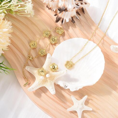 Hypoallergenic Women's Four Leaf Clover Jewelry Set 14K Gold-Plated Stainless Steel Clover Necklace Bracelet Earrings Fashionable And Exquisite Daily for Women Accessory Gift in Saudi Arabia