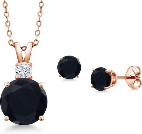 Gem Stone King 18K Rose Gold Plated Silver Round Black Onyx and White Moissanite Pendant and Earrings Jewelry Set For Women (4.11 Cttw, Gemstone Birthstone, with 18 Inch Chain) in Saudi Arabia