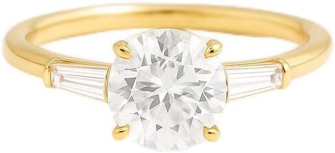 Round Cut Solitaire Moissanite Engagement Ring for Women 14K Yellow Gold Plated Three Stone Wedding Jewelry with Tapered Baguette Side Stones Classic Bridal Promise Ring Gift for Her in Saudi Arabia