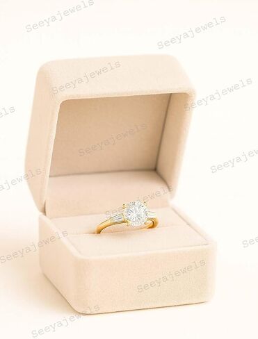 Round Cut Solitaire Moissanite Engagement Ring for Women 14K Yellow Gold Plated Three Stone Wedding Jewelry with Tapered Baguette Side Stones Classic Bridal Promise Ring Gift for Her in Saudi Arabia