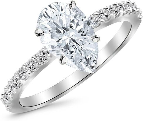 خاتم خطوبة من الذهب الأبيض عيار 14 قيراط عيار 1 قيراط من الألماس الكلاسيكي من LAB GROWN DIAMOND، مجموعة مرصوفة بأحجار جانبية كلاسيكية على شكل كمثرى (لون G-H VS1-VS2 وضوح 0.75 قيراط مركزي) in Kuwait