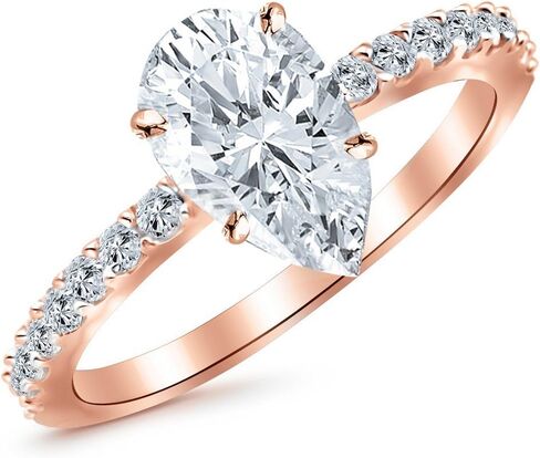 خاتم خطوبة من الذهب الأبيض عيار 14 قيراط عيار 1 قيراط من الألماس الكلاسيكي من LAB GROWN DIAMOND، مجموعة مرصوفة بأحجار جانبية كلاسيكية على شكل كمثرى (لون G-H VS1-VS2 وضوح 0.75 قيراط مركزي) in Kuwait