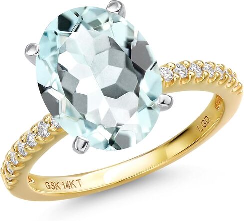 خاتم خطوبة من Gem Stone King 14K 2 Tone Gold Sky Blue مقلد الزبرجد والألماس المزروع في المختبر للنساء | 4.16 كتو | بيضاوي 12 × 10 ملم | الأحجار الكريمة لشهر مارس in Saudi Arabia