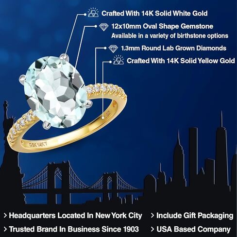 خاتم خطوبة من Gem Stone King 14K 2 Tone Gold Sky Blue مقلد الزبرجد والألماس المزروع في المختبر للنساء | 4.16 كتو | بيضاوي 12 × 10 ملم | الأحجار الكريمة لشهر مارس in Saudi Arabia