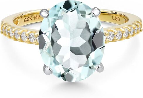 خاتم خطوبة من Gem Stone King 14K 2 Tone Gold Sky Blue مقلد الزبرجد والألماس المزروع في المختبر للنساء | 4.16 كتو | بيضاوي 12 × 10 ملم | الأحجار الكريمة لشهر مارس in Saudi Arabia