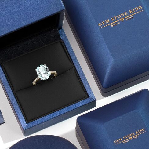 خاتم خطوبة من Gem Stone King 14K 2 Tone Gold Sky Blue مقلد الزبرجد والألماس المزروع في المختبر للنساء | 4.16 كتو | بيضاوي 12 × 10 ملم | الأحجار الكريمة لشهر مارس in Saudi Arabia